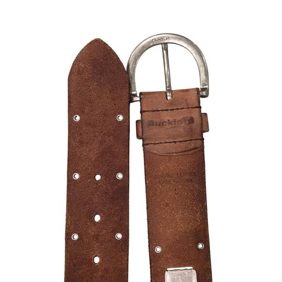 Brown Distressed Leather Belt Pink Satin Ribbon Silver Studs Brass Hardware Sz L - Picture 5 of 7